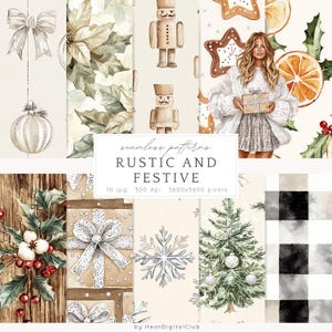 Motivi rustici e festivi senza soluzione di continuità ad acquerello, Natale invernale JPEG, Natale boho, motivo ripetuto digitale, carta per scrapbooking