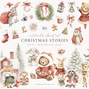 以下が含まれることがあります： 「Christmas Stories」と題された水彩画クリップアートセット。お祝いをテーマにしたさまざまなイラストが特徴です。お祝いの衣装を着た動物、クリスマスの飾り、冬のシーンの画像が含まれています。このセットには80個の要素が含まれています。