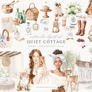 May include: Watercolor clipart set titled "Quiet Cottage" featuring various cottagecore elements. Includes illustrations of a goose with ducklings, a bunny, a deer, a cat, a violin, a cake stand, and other decorative items. The set also includes two women taking a selfie.