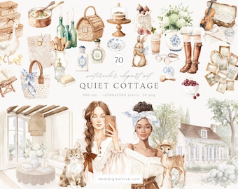 Watercolor Quiet Cottage Clipart, French Country Cottagecore PNG, Rustic Vintage Aesthetic Clipart, Digital Download, Commercial Use