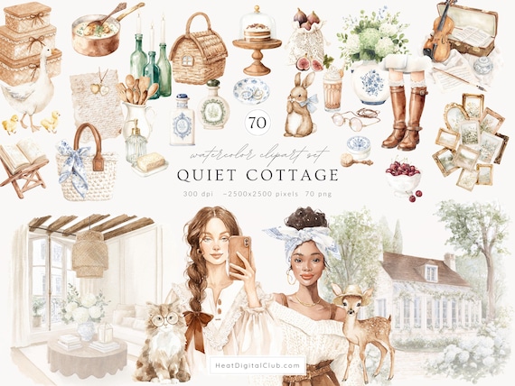Watercolor Quiet Cottage Clipart, French Country Cottagecore PNG, Rustic Vintage Aesthetic Clipart, Digital Download, Commercial Use