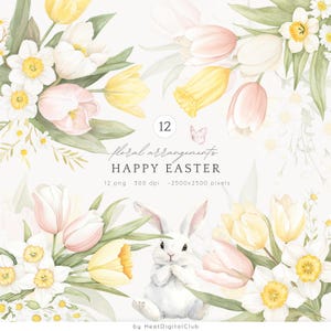 Aquarelle Joyeuses Pâques Arrangements floraux ClipArt, tulipes PNG, bouquet de printemps, Floral pastel, fleurs Cottagecore, téléchargement numérique