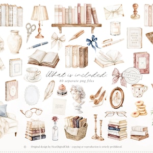 Op de afbeelding: Waterverfillustratie van diverse vintage items, waaronder boeken, een lamp, een theekopje en een fauteuil. De afbeelding bevat de tekst "What is included: 80 separate png files."