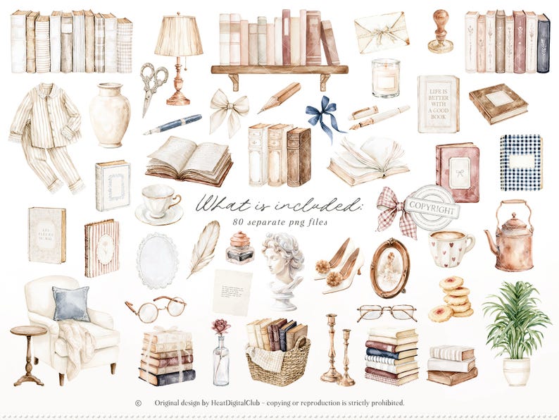 Op de afbeelding: Waterverfillustratie van diverse vintage items, waaronder boeken, een lamp, een theekopje en een fauteuil. De afbeelding bevat de tekst "What is included: 80 separate png files."