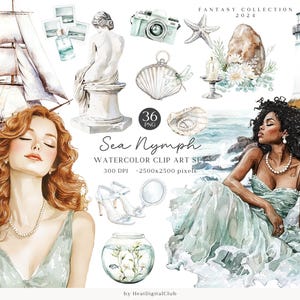 Aquarell Nymphe Clipart, Nautische Clip Art, Feminine Marine PNG, Schöne Mädchen PNG Bündel, Kommerzielle Nutzung, Digitale Aufkleber