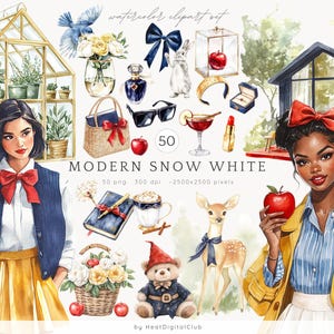 Aquarell moderne Schneewittchen Clipart, Cottagecore Clip Art, Fantasy PNG, Schneewittchen Clip Art, Hirsch PNG, digitale Aufkleber, kommerzielle Nutzung