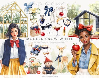 Watercolor Modern Snow White Clipart, Fairytale PNG (Digital Download)