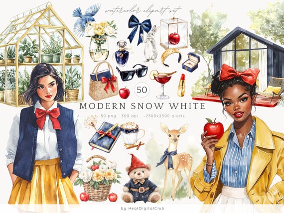 Watercolor Modern Snow White Clipart, Fairytale PNG (Digital Download)