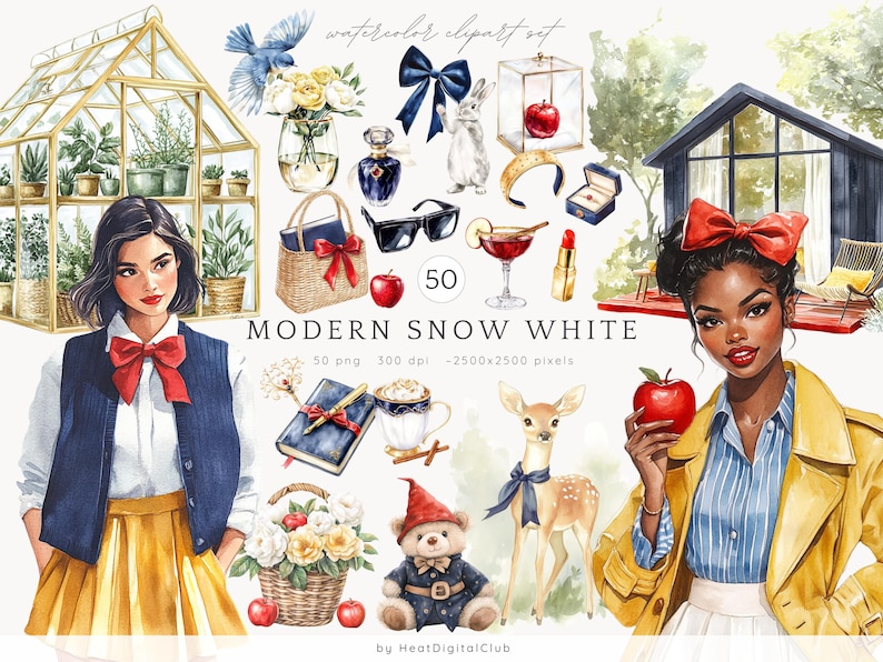 May include: A watercolor clipart set featuring a modern take on Snow White. The set includes 50 images, each measuring approximately 2500 x 2500 pixels. The images depict Snow White, a deer, a gnome, a bird, a greenhouse, a house, a basket of flowers, a book, a cup of coffee, a red apple, a bow, a pair of sunglasses, a bottle of perfume, a ring, a lipstick, and a glass of wine. The set is perfect for creating digital designs, invitations, cards, and other creative projects.