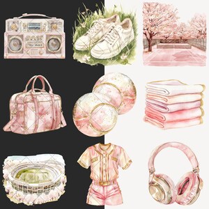 May include: A set of pink and gold watercolor illustrations featuring a boombox, a bag, baseballs, a towel stack, a baseball uniform, headphones, and a stadium.