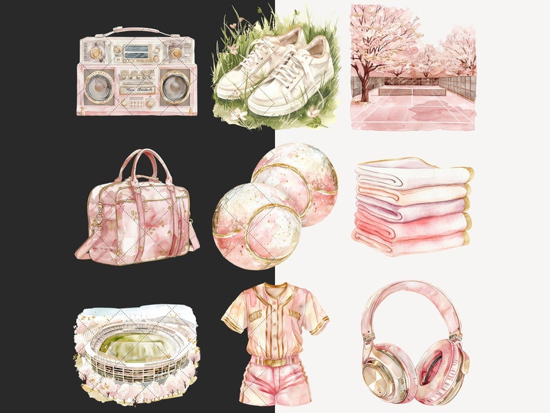 May include: A set of pink and gold watercolor illustrations featuring a boombox, a bag, baseballs, a towel stack, a baseball uniform, headphones, and a stadium.