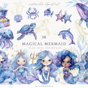 Bundle de cliparts aquarelle sirène magique, clipart fête sirène, graphiques de sirène pour enfants, clipart fête d'enfants, sirènes scintillantes