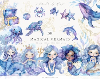 Watercolor Magical Mermaid Clipart Bundle, Mermaid Party Clip Art, Kids Mermaid Graphics, Kids Party Clipart, Glitter Mermaids