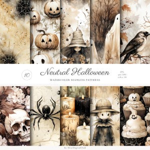 Seamless Cute Neutral Halloween Patterns, Spooky Textures JPEG, Watercolor Digital Download, Repeating Pattern Digital Scrapbook Paper