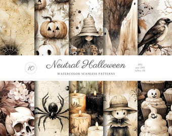 Seamless Cute Neutral Halloween Patterns, Spooky Textures JPEG, Watercolor Digital Download, Repeating Pattern Digital Scrapbook Paper