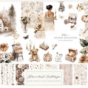 Watercolor Neutral Halloween Clipart Seamless Patterns Bundle, Haunted Cottage PNG Graphic Collection  (Digital Download)