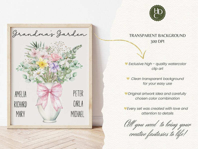 May include: A watercolor illustration of a bouquet of flowers in a vase with a pink bow. The vase is surrounded by the names Amelia, Richard, Mary, Peter, Carla, and Michael. The text "Grandma's Garden" is at the top of the image.