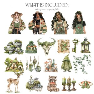 Op de afbeelding: Een set van 40 aquarel illustraties met een fantasierijk bos thema. De illustraties bevatten een verscheidenheid aan elementen, zoals paddenstoelen, kristallen, een schedel, een hert, een wasbeer, een lantaarn, een huis, een sleutel en verschillende vrouwen met lang haar die bos-thema kleding dragen. De illustraties zijn perfect voor het maken van digitale of fysieke knutselwerken, zoals wenskaarten, uitnodigingen, stickers en meer.