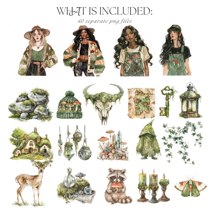 Op de afbeelding: Een set van 40 aquarel illustraties met een fantasierijk bos thema. De illustraties bevatten een verscheidenheid aan elementen, zoals paddenstoelen, kristallen, een schedel, een hert, een wasbeer, een lantaarn, een huis, een sleutel en verschillende vrouwen met lang haar die bos-thema kleding dragen. De illustraties zijn perfect voor het maken van digitale of fysieke knutselwerken, zoals wenskaarten, uitnodigingen, stickers en meer.