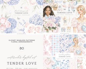 May include: A watercolor digital set of 80 files, including floral arrangements, seamless patterns, and illustrations. The set features a delicate color palette of pink, blue, and white, with a romantic and feminine theme. The title of the set is "Tender Love".