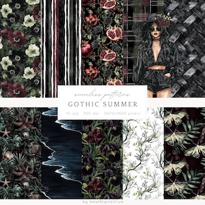 May include: A set of 10 digital seamless patterns featuring gothic summer themes. The patterns include dark floral designs, a woman wearing a black outfit and sunglasses, a beach scene with waves, a forest scene with branches, and a moth design.