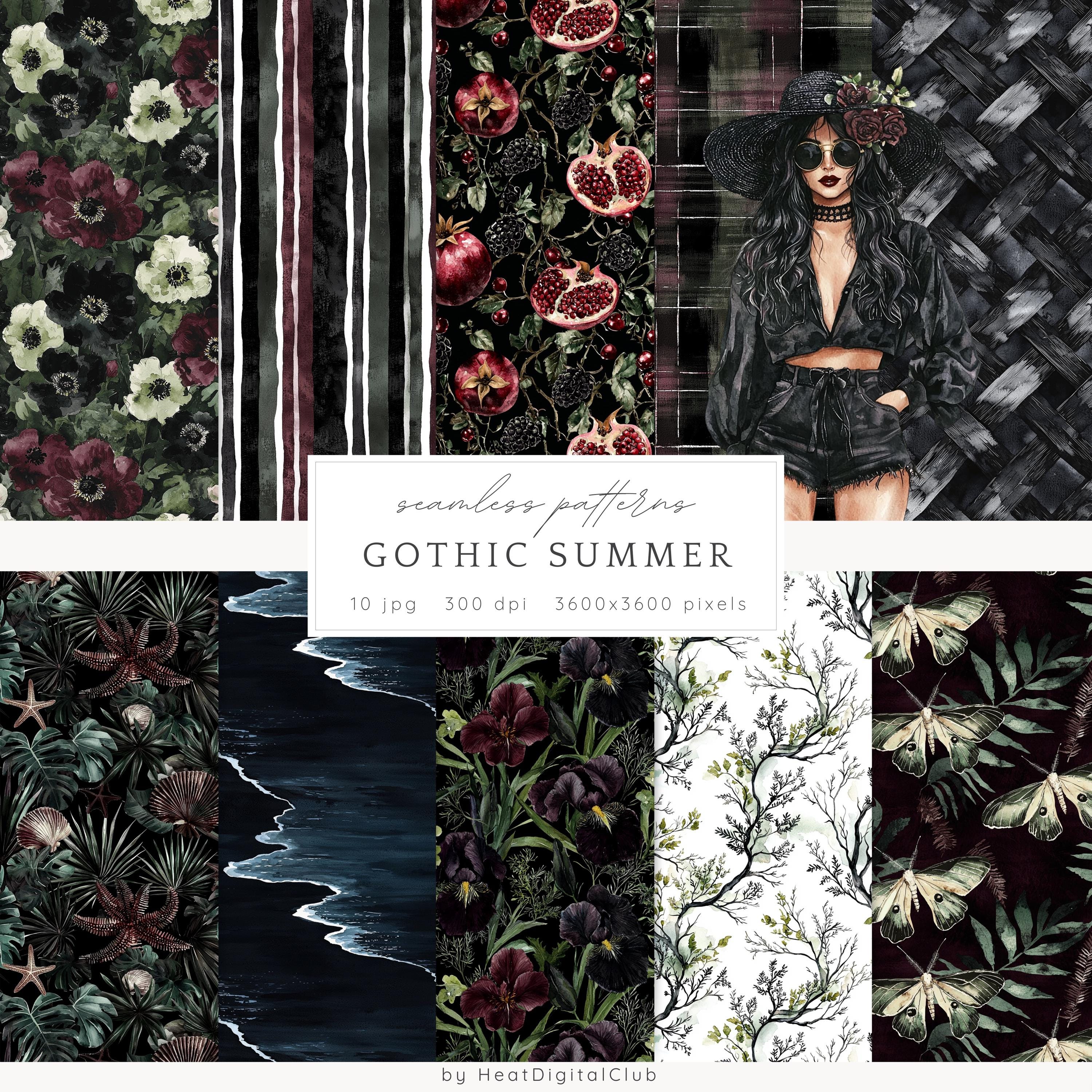 Watercolor Gothic Summer Seamless Patterns, Dark Beach Pattern JPEG, Goth Floral Digital Download, Repeating pattern Scrapbook Paper