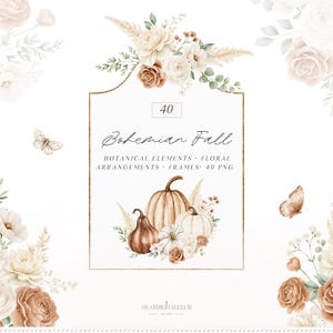 May include: Watercolor illustration featuring a fall theme with pumpkins, flowers, and butterflies. The image includes the text "Bohemian Fall" and "Botanical Elements, Floral Arrangements, Frames, 40 PNG". The color palette includes shades of brown, white, and beige.