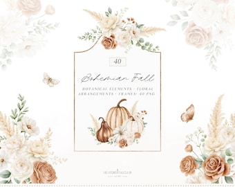 Bohemian Fall Floral Arrangements, Watercolor Botanical Elements, Cream Roses, Boho Frames (40 PNG)