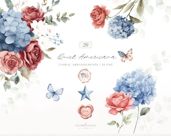 Watercolor Quiet Americana Floral Arrangements Clipart, Hydrangea Roses PNG, Patriotic Flowers, Bouquets, 4th of July Florals, Digital