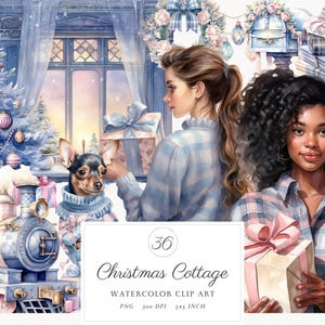 Aquarela Aconchegante Casa de Inverno Vida Clipart, Romântico Natal Cottagecore Clip Art PNG Bundle Uso Comercial, Natal Natal Clipart
