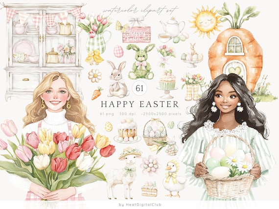 Watercolor Happy Easter Clipart, Easter Eggs Clip Art, Easter Cottage, Cute Spring Clipart, Pastel Easter PNG, Cozy Easter, Digital Stickers