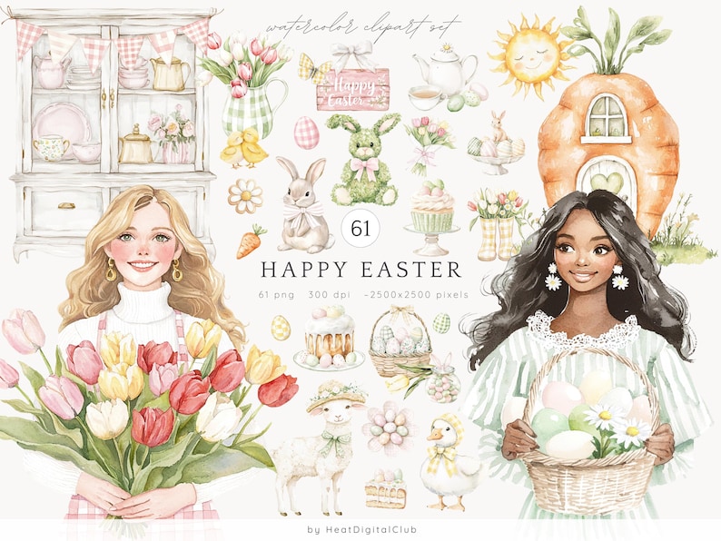 May include: A watercolor clipart set with an Easter theme. The set includes 61 images, such as a bunny, a carrot house, a basket of eggs, a cupcake, a lamb, and a girl holding a bouquet of tulips. The text "Happy Easter" is written in a decorative font.