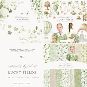 May include: A digital art set with a St. Patrick's Day theme. The image features watercolor illustrations of shamrocks, floral arrangements, and women in green dresses. The text includes "LUCKY FIELDS" and "watercolor digital set".