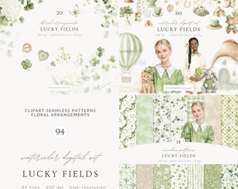 Watercolor St.Patrick’s Day Clipart, Lucky Fields PNG, Irish Clip Art, Green St Patricks Day PNG, Patrick png, Cottagecore Digital Download