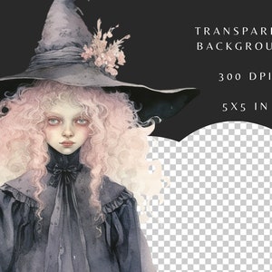 May include: A watercolor illustration of a young woman with long pink hair wearing a black witch's hat and a dark gray dress. The background is transparent.