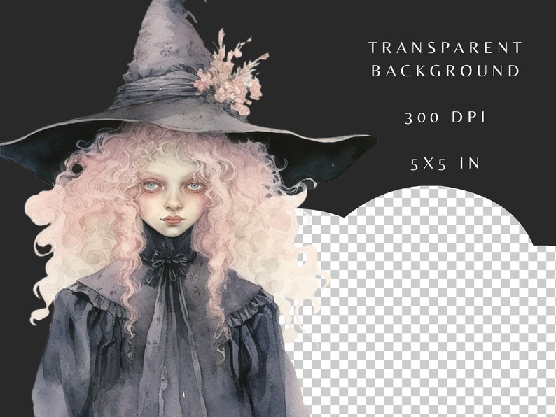 May include: A watercolor illustration of a young woman with long pink hair wearing a black witch's hat and a dark gray dress. The background is transparent.