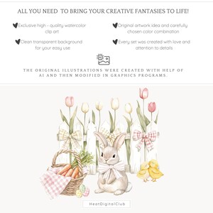 May include: Watercolor illustration of a white picket fence with a bunny rabbit, two chicks, and a basket of carrots. The fence is decorated with pink and white gingham bows. The background is a light green with pink and white tulips.