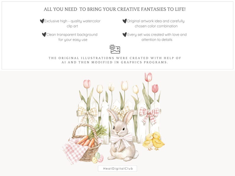 May include: Watercolor illustration of a white picket fence with a bunny rabbit, two chicks, and a basket of carrots. The fence is decorated with pink and white gingham bows. The background is a light green with pink and white tulips.