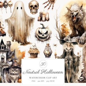 Aquarelle neutre Halloween Clip Art Bundle, Clipart PNG mignon fantôme beige, utilisation numérique commerciale, illustrations de sorcière pastel effrayant Goth