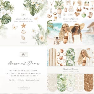 May include: A digital art collection with a tropical theme, featuring watercolor illustrations. The image includes floral arrangements, clipart sets, and seamless patterns. The text reads "Coconut Dune" and "HEATDIGITALCLUB".