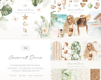 Watercolor Coconut Dune Clipart, Tropical Summer Clipart, Beach Aesthetic, Neutral Coastal Elements, Resort Vacation PNG, Digital Download