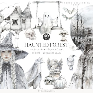 水彩画の幽霊の森のクリップアート、ハロウィーンの暗い森のファンタジー PNG、ウィッカの森のクリップアート、魅惑の世界のグラフィック、デジタル ダウンロード