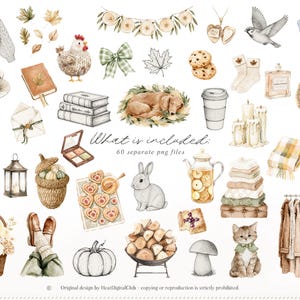 May include: Watercolor illustration featuring a collection of fall-themed elements. Includes a cable-knit sweater, a hen, books, a dog, a coffee cup, a purse, a basket of flowers, a pumpkin, and a stack of sweaters. The text "What is included: 60 separate png files" is also present.