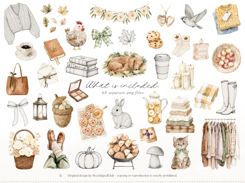 May include: Watercolor illustration featuring a collection of fall-themed elements. Includes a cable-knit sweater, a hen, books, a dog, a coffee cup, a purse, a basket of flowers, a pumpkin, and a stack of sweaters. The text "What is included: 60 separate png files" is also present.