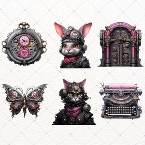 May include: A set of five steampunk-themed illustrations featuring a clock, a rabbit, a cat, a typewriter, and a butterfly. All of the illustrations are in black, silver, and pink.