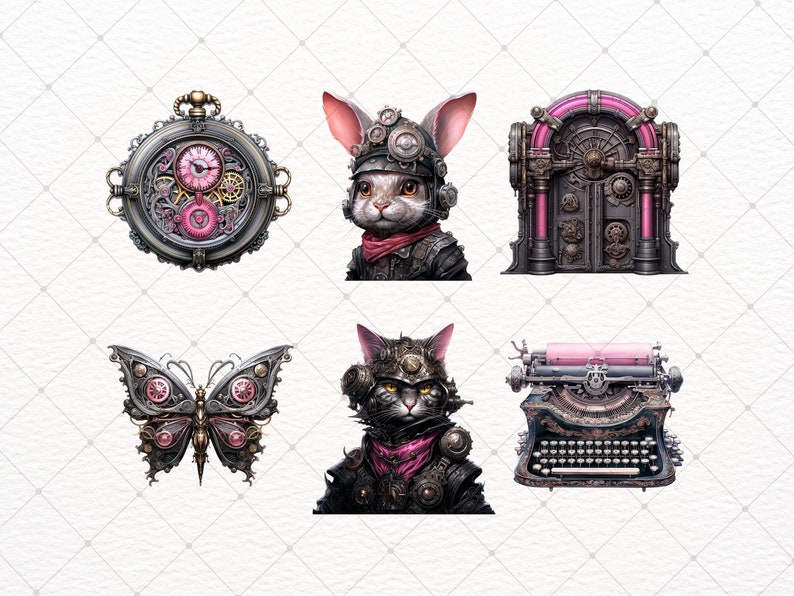 May include: A set of five steampunk-themed illustrations featuring a clock, a rabbit, a cat, a typewriter, and a butterfly. All of the illustrations are in black, silver, and pink.
