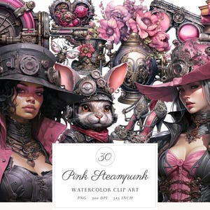 Watercolor Steampunk Clipart Bundle, Watercolor Pink Steampunk PNG, Victorian Clip Art Ephemera, Fantasy, Digital Download, Commercial