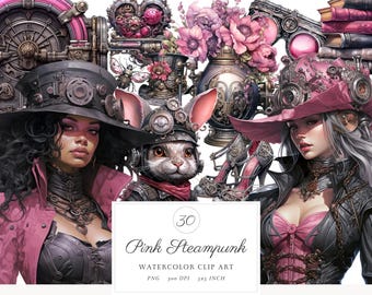 水彩画風ピンクスチームパンククリップアート、ファンタジービクトリアンPNG（デジタルダウンロード）