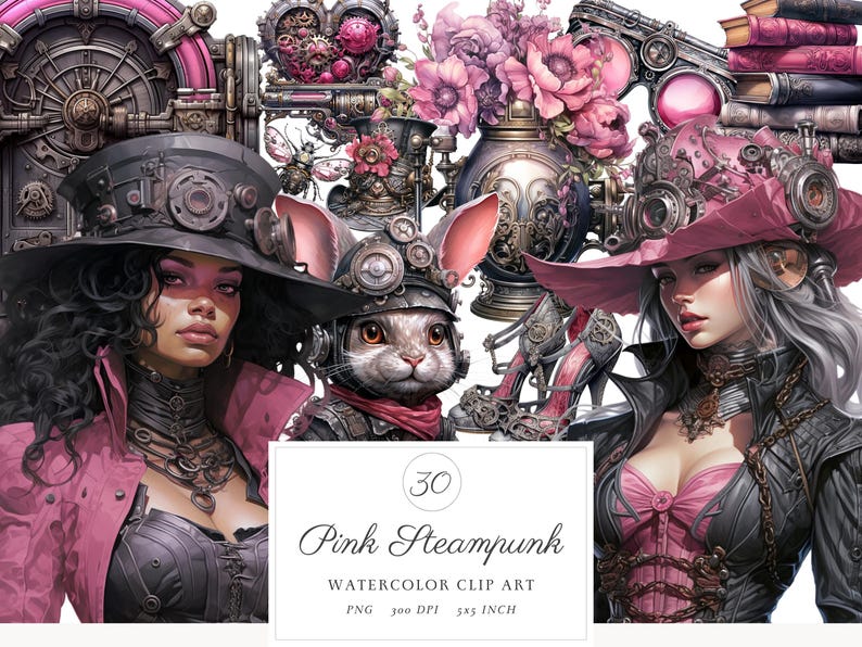 May include: A set of 30 watercolour clip art images featuring a pink steampunk theme. The images include a rabbit wearing a hat, a woman in a pink dress and hat, and a variety of gears and other steampunk elements. The images are 5x5 inches and 300 DPI.