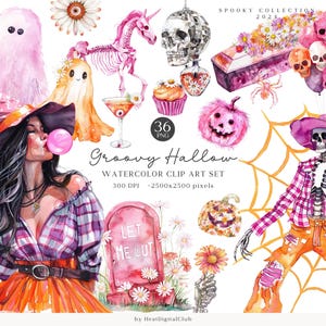 Watercolor Groovy Halloween Clipart, Hippie Spooky Halloween Clip Art, Funny Halloween PNG Bundle, Commercial Use, Digital stickers